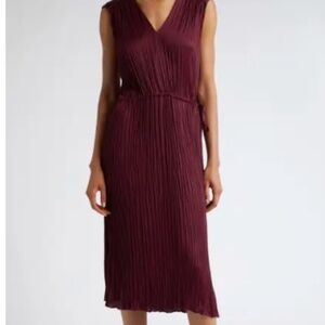 Vince Pleated V-Neck Drawstring Dress, Plum Wine, Size M